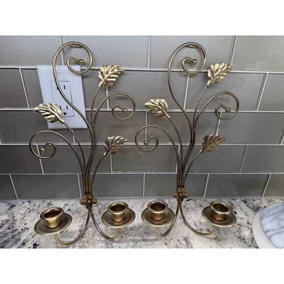 Pair VTG Gold Brass Wall Candle Holders Sconces Leaf scroll Hollywood Regency - Picture 9 of 13